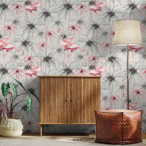 Flamingo with Palm Tree Removable Peel and Stick Wallpaper, Tropical Wallpaper, Removable Pre-Pasted Wallpaper