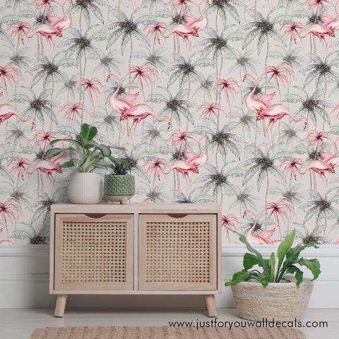 Flamingo with Palm Tree Removable Peel and Stick Wallpaper, Tropical Wallpaper, Removable Pre-Pasted Wallpaper